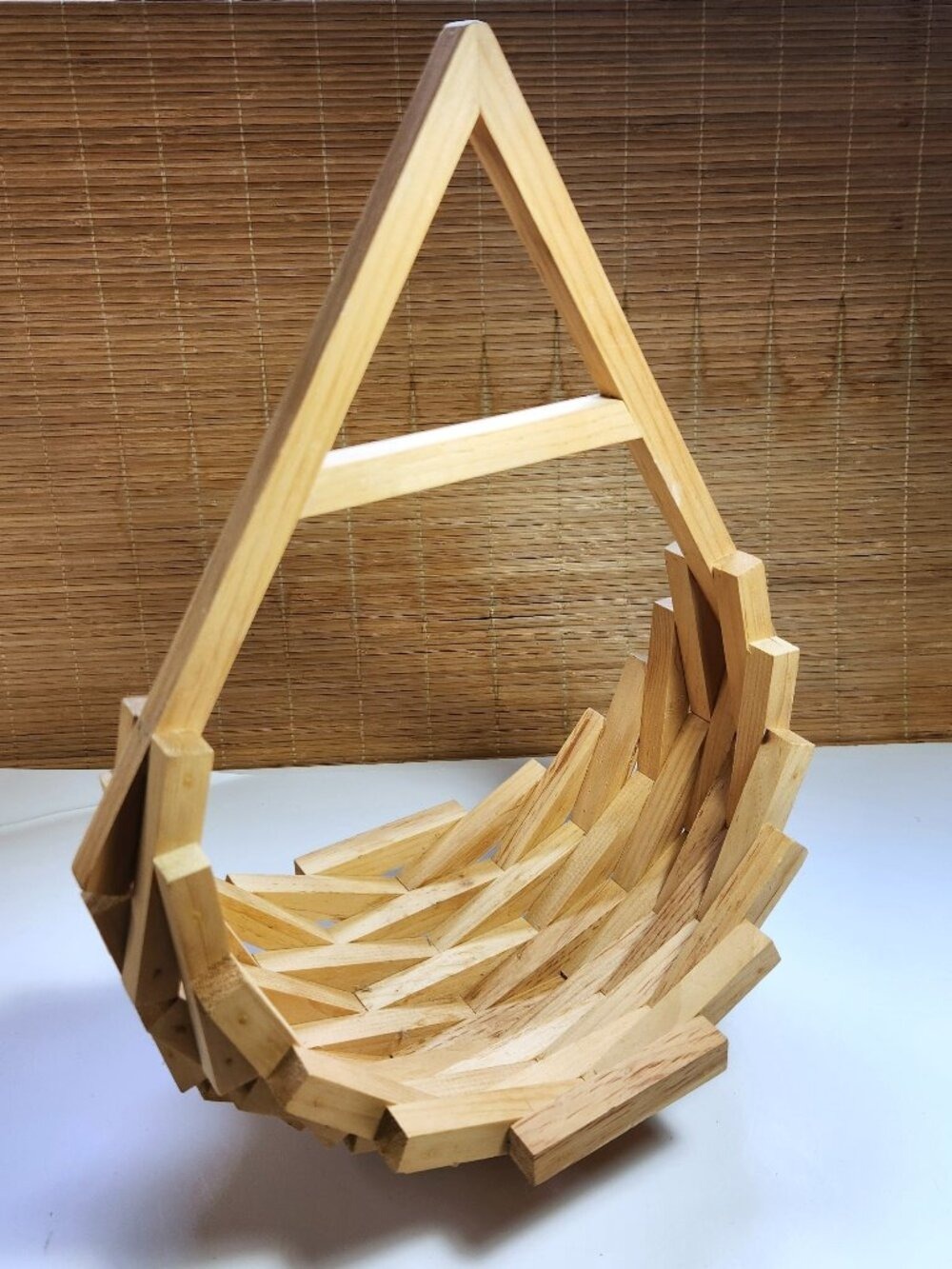 Vintage Brutalist Wood Block Puzzle Sculpture Basket Fixed Geometric Teardrop